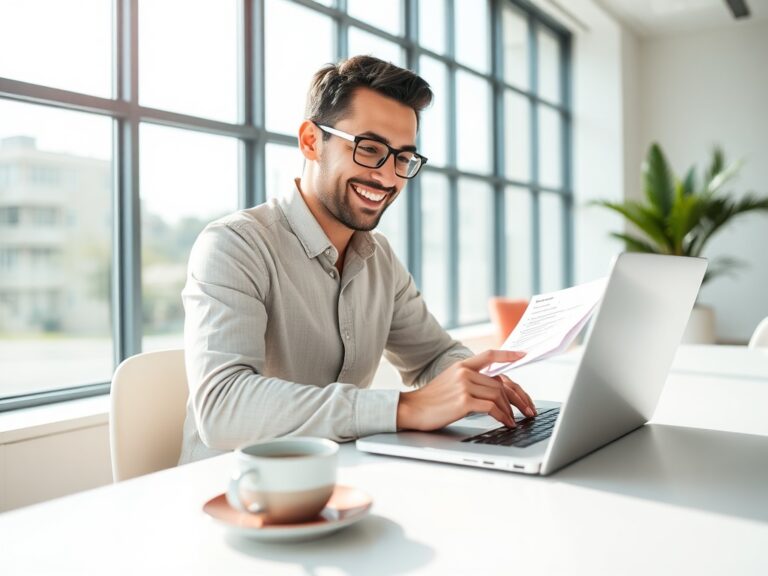 Professional checking cold email subject lines on laptop in bright modern workspace